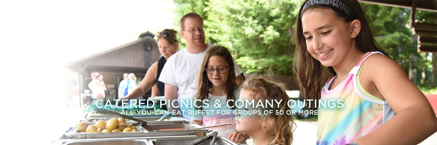 An image of a group of 5 people, two parents and three young girls, in line getting food at a buffet. A group of people stand talking behind them under a gazebo. Centered at the bottom of the image is white text reading "Catered Picnics & Company Outings" with smaller white text beneath it that reads "All-You-Can-Eat Buffet for Groups of 50 or More".