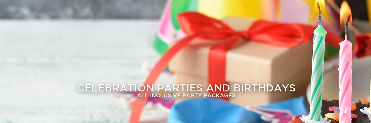 An image of a birthday celebration set up on the right. There's a birthday cake with candles in the bottom right corner with balloons, a gift box with a red ribbon and a party hat behind it. Centered at the bottom of the image is white text reading "Celebration Parties and Birthdays" with smaller white text beneath it that states "All Inclusive Party Packages".