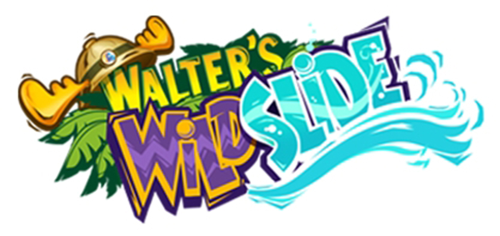 A logo for Walter's Wild Slide. There is text slanted upwards. "Walter's" is in yellow block text outlined in green and surrounded in green tropical leaves. There is a safari explorer hat with a buckle and moose antlers hanging off of the "W". The word "Wild" is beneath 'Walter's" and is in purple and yellow block text with chevron stripes running through it. The word "Slide" is in blue block text outlined in purple and white and has bubbles and a wave running through it. There are blue waves running underneath it.