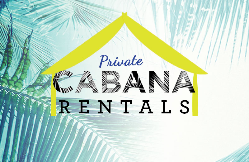 An image with a bright, tropical, blue and green palm tree background with a graphic of yellow cabana outline centered in the middle. Inside the cabana are the words "Private Cabana Rentals" in blue and black.