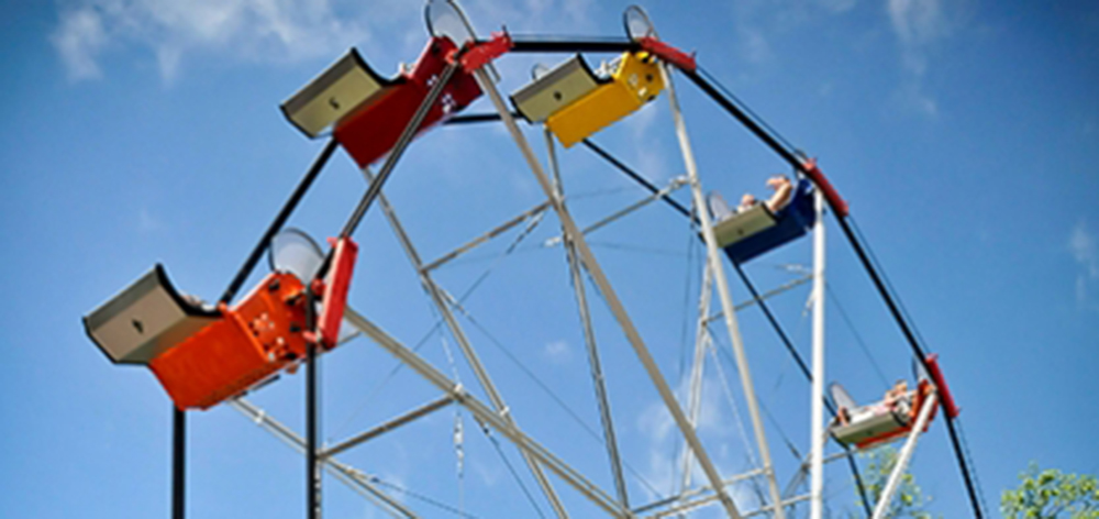 Image of the Ferris Wheel with with blue sky behind it.