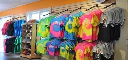 Image of tie dyed shirts on the wall at the Paul Bunyan Gift Shop