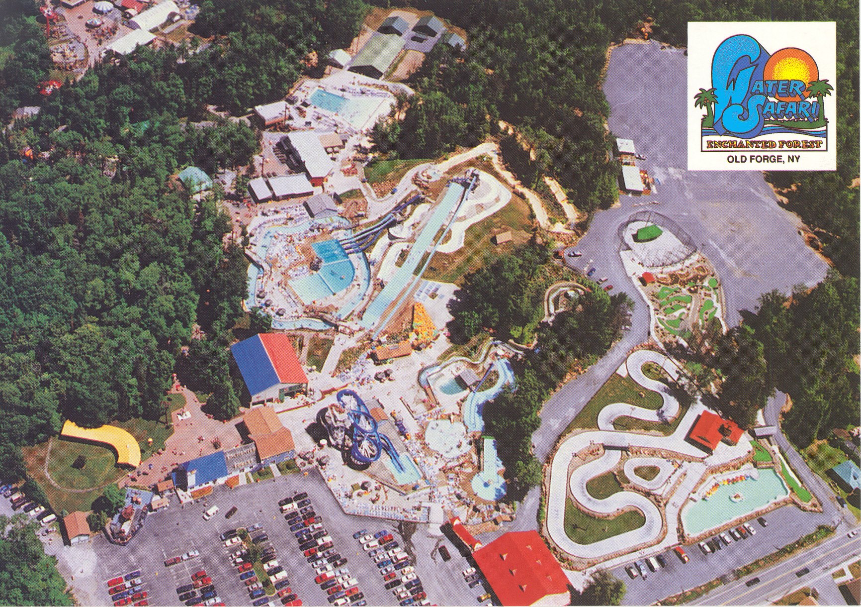 An old map image of an aerial view of Enchanted Forest Water Safari.