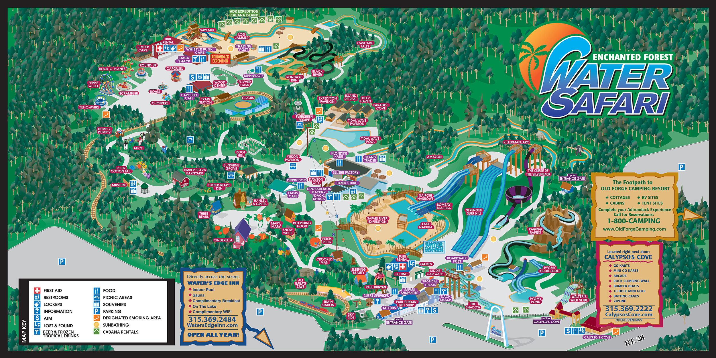 An image of the Enchanted Forest Water Safari map with the Enchanted Forest Water Safari logo in the top right corner. The map of the park is colorful and has depictions of all of the rides and attractions. The park is surrounded by green trees and the grey parking lot. In the bottom left corner in a white box, outlined in black, with the map key, and a tan box, outlined in blue, to the right of it with information about the Water's Edge Inn. In the bottom right corner are two tan boxes, one outlined in mustard yellow with information about the Old Forge Camping Resort, and one outlined in red with information about Calypso's Cove,