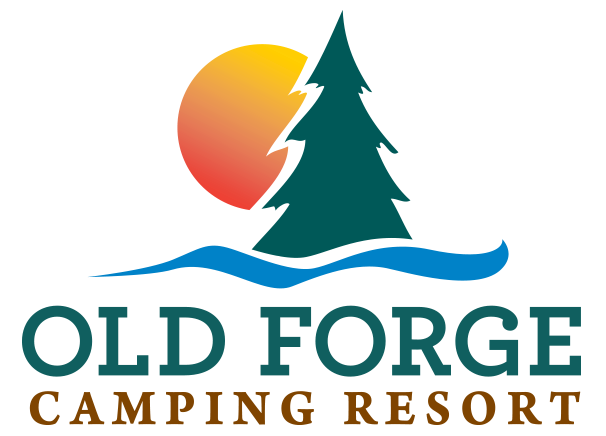 An icon featuring the Old Forge Camping Resort logo, an orange and yellow sun with a green pine tree overlapping it and a blue wave under it with "Old Forge Camping Resort" in green and red text beneath it.