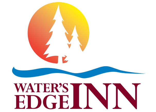 An icon featuring the Water's Edge Inn logo, an orange and yellow sun with two trees in it and a blue wave under it with "Water's Edge Inn" beneath it in red lettering.