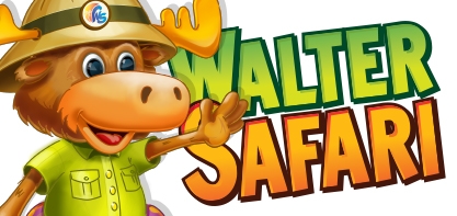 Promotional image of Walter Safari, a cartoon moose, wearing a green shirt and tan hat waving. Next to him is block text that reads "WALTER SAFARI" ion green and orange.