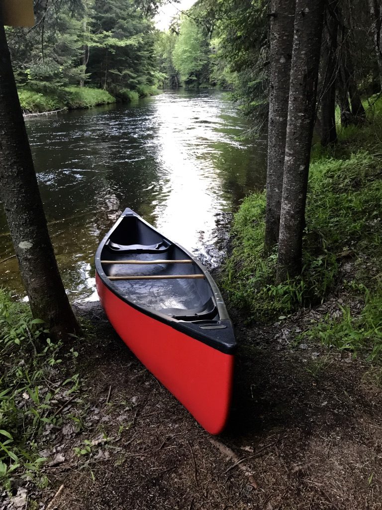 Lovely image of a canoe on the bank of Moose River in the woods with pine trees all around.