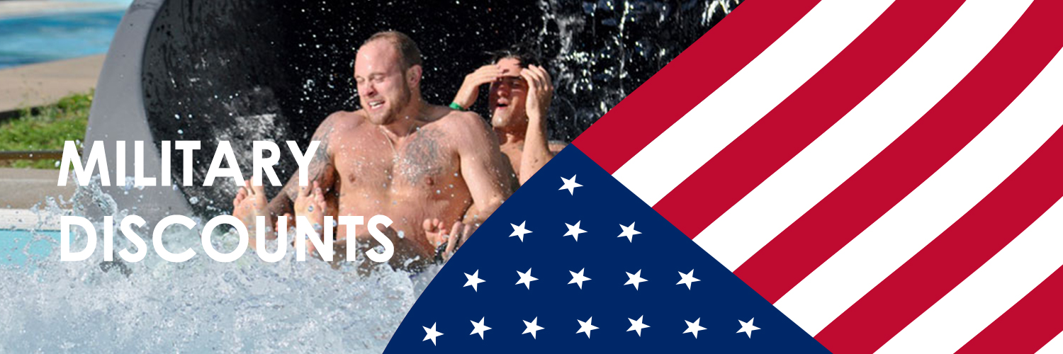 Military discounts written over a picture of two guys coming out of a water slide and the American flag on part off the image